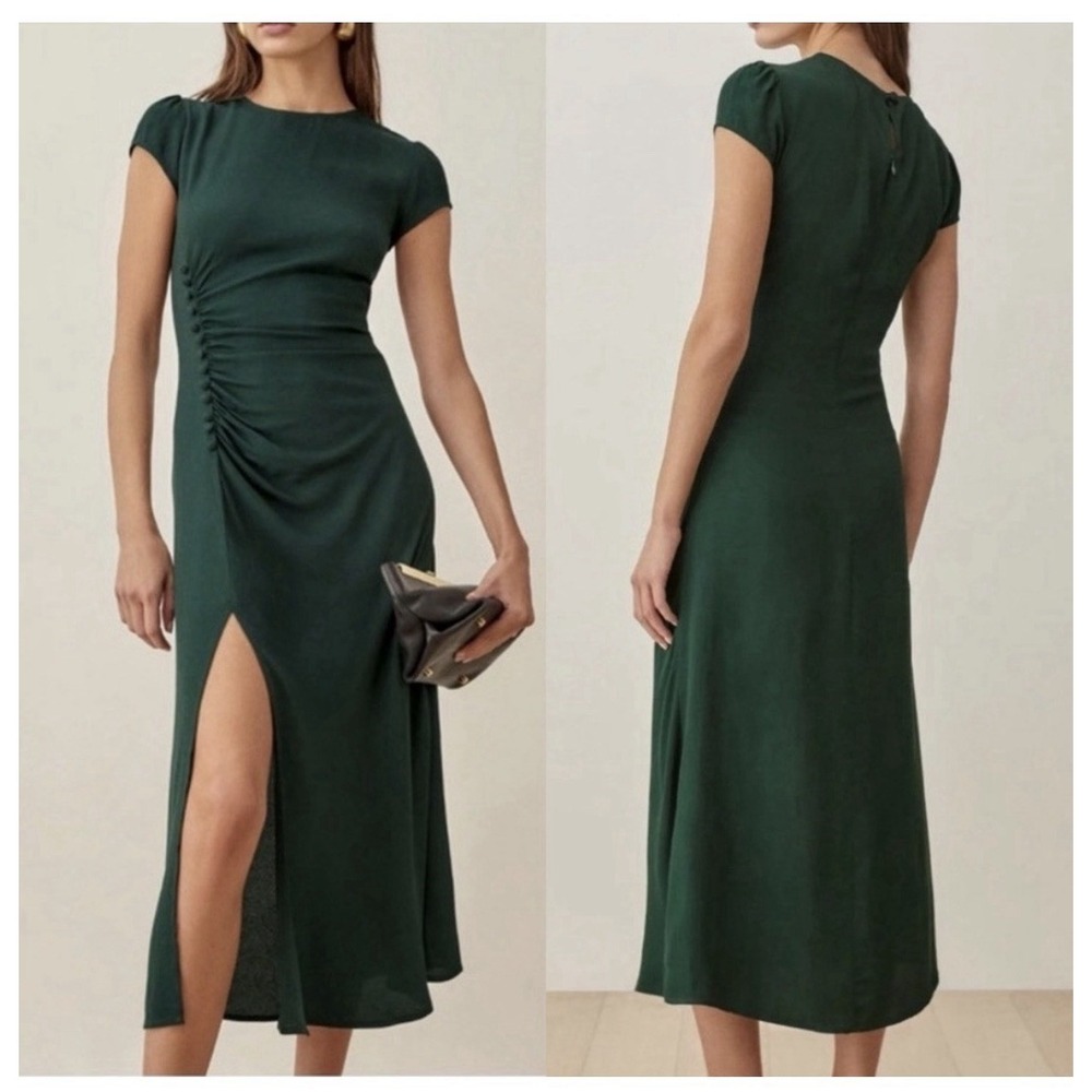 Reformation Frasier Gathered Short Sleeve Midi Dress Forest Green Size 0